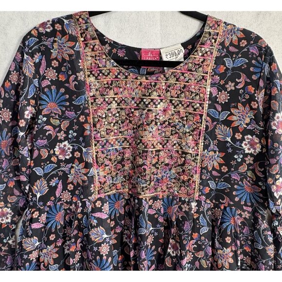 LABISA Women Tunic Top Long Ruffle Sleeves Embroidered Lined Sz L Black 5-7 - Picture 3 of 14